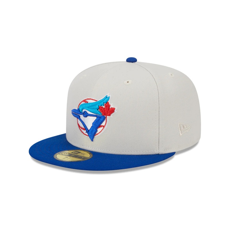 Toronto Blue Jays New Era MLB 59FIFTY 5950 Fitted Cap Hat Stone Crown Royal Blue Visor Team Color Logo World Series Back Patches (New Class)