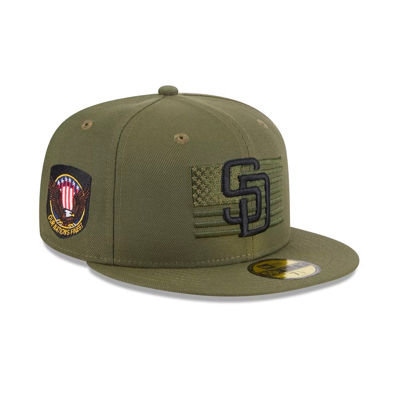 (Youth) San Diego Padres New Era MLB 59FIFTY 5950 Kids Fitted Cap Hat Olive Green Crown/Visor Black Logo American Flag (2023 Armed Forces Day)