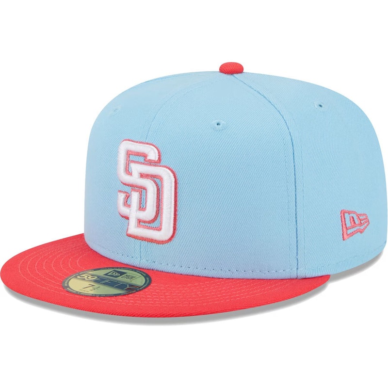 (Youth) San Diego Padres New Era MLB 59FIFTY 5950 Kids Fitted Cap Hat Sky Blue Crown Pink Visor White Logo (2-Tone Color Pack)