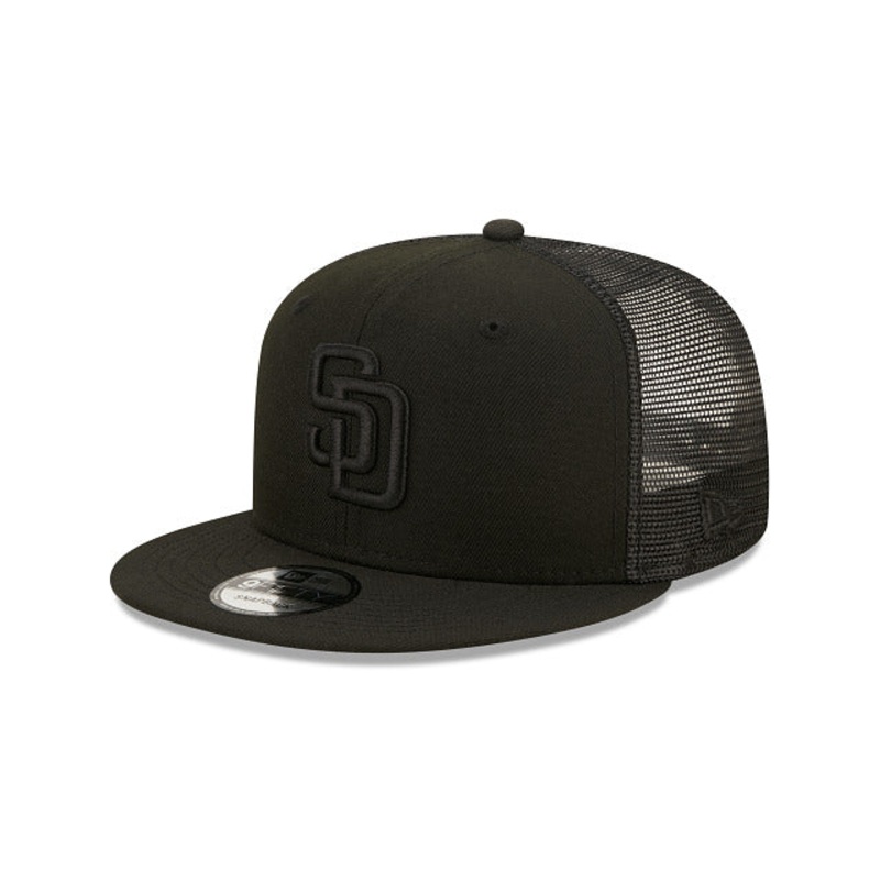 (Youth) San Diego Padres New Era MLB Trucker Mesh 9FIFTY 950 Kid Snapback Cap Hat Black Crown/Visor Black Logo