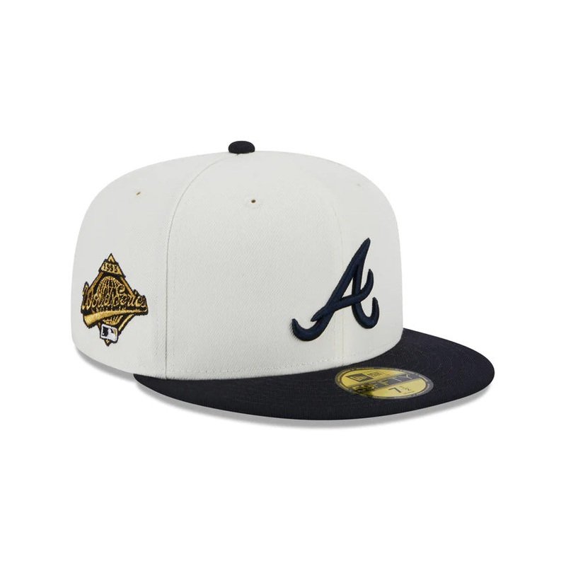 Atlanta Braves New Era MLB 59FIFTY 5950 Fitted Cap Hat Cream Crown Navy Visor Navy Logo 1995 World Series Side Patch