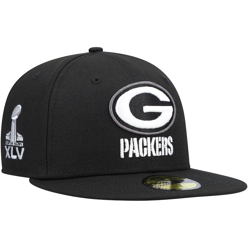 New Era Black Green Bay Packers Super Bowl Patch 59FIFTY Fitted Hat