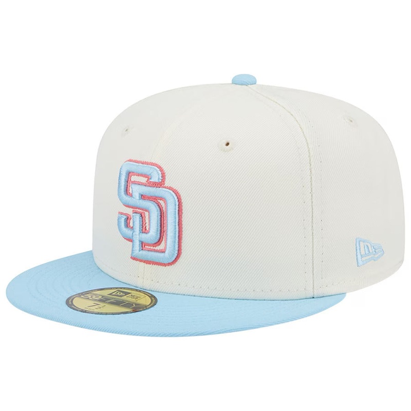 (Youth) San Diego Padres New Era MLB 59FIFTY 5950 Kid Fitted Cap Hat Cream Crown Sky Blue Visor Sky Blue/Pink Logo (2-Tone Color Pack)