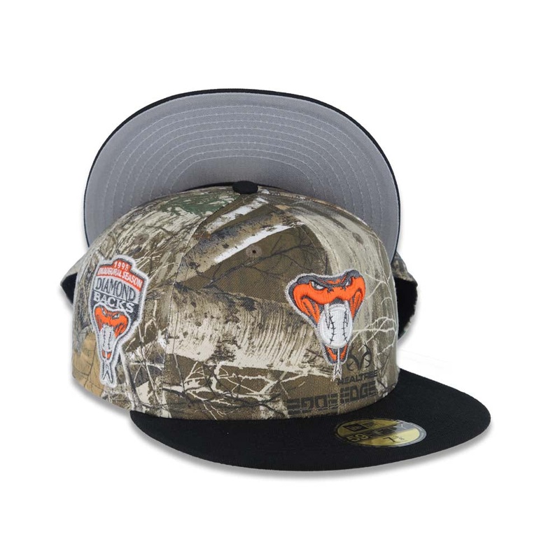 Arizona Diamondbacks New Era MLB 59FIFTY 5950 Fitted Cap Hat Real Tree Edge Camo Crown Black Visor Orange/Glow White Snake Logo 1998 Inaugural Season
