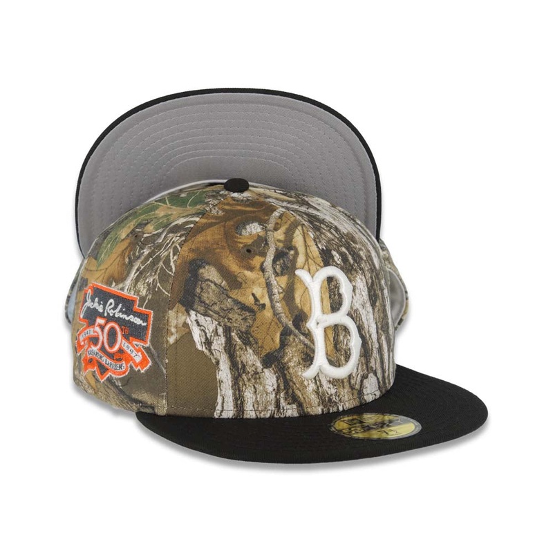 Brooklyn Dodgers New Era MLB 59FIFTY 5950 Fitted Cap Hat Real Tree Camo Crown Black Visor White Logo Jackie Robinson 50th Anniversary Side Patch