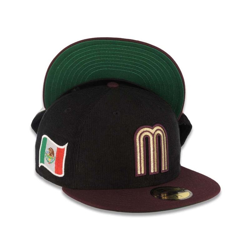 (Corduroy Crown) Mexico New Era 59FIFTY 5950 Fitted Hat Black Crown Maroon Visor Metallic Gold Logo Mexico Flag Side Patch