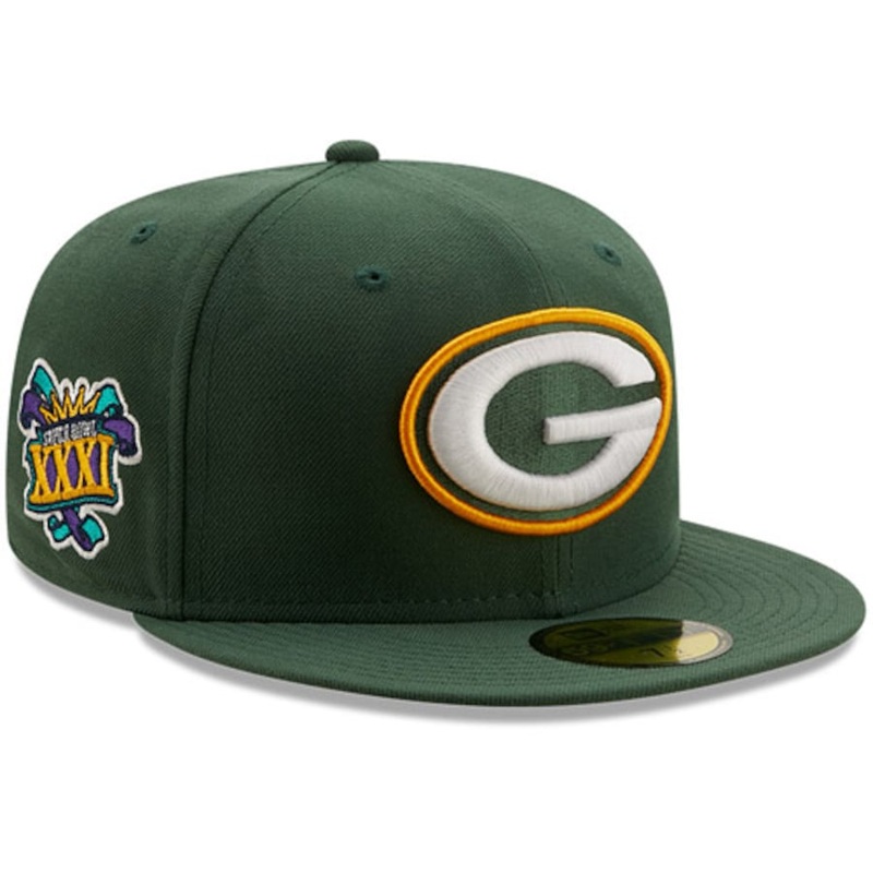 New Era Green Green Bay Packers Super Bowl XXXI Patch Gold Undervisor 59FIFY Fitted Hat
