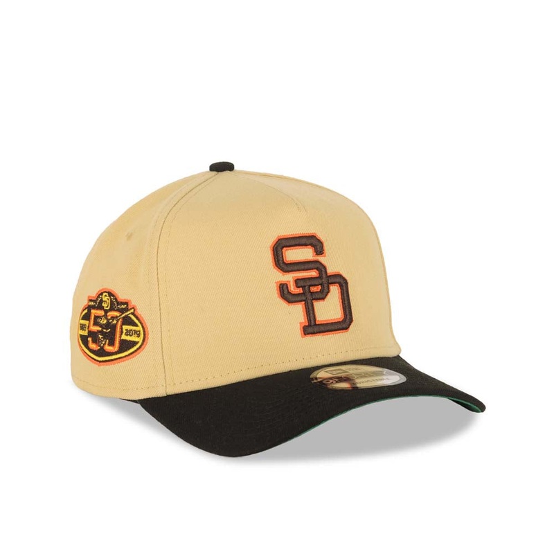San Diego Padres New Era MLB 9FORTY 940 A-Frame Adjustable Hat Vegas Gold Crown Black Visor Brown/Orange Cooperstown Logo 50th Anniversary Side Patch