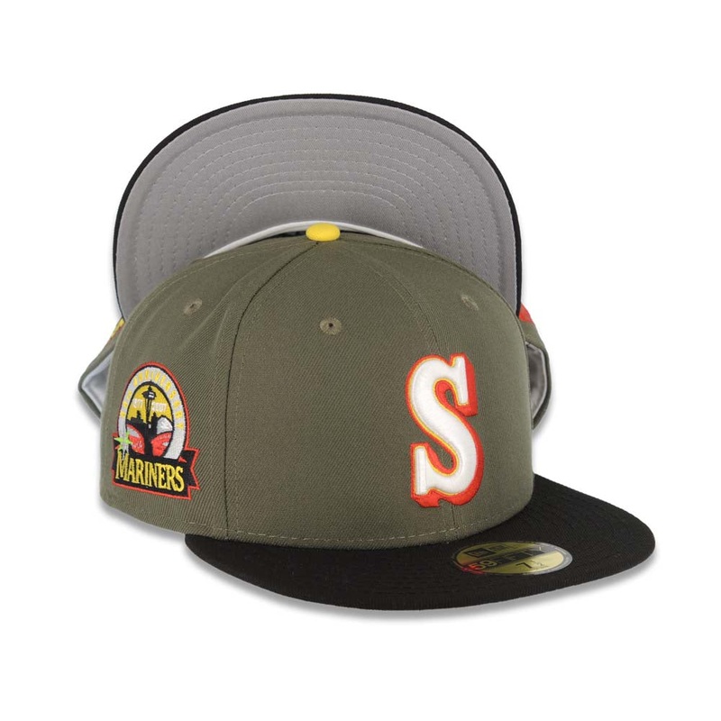 Seattle Mariners New Era MLB 59FIFTY 5950 Fitted Cap Hat Olive Green Crown Black Visor Glow White/Red/Yellow Logo 30th Anniversary Side Patch Gray UV