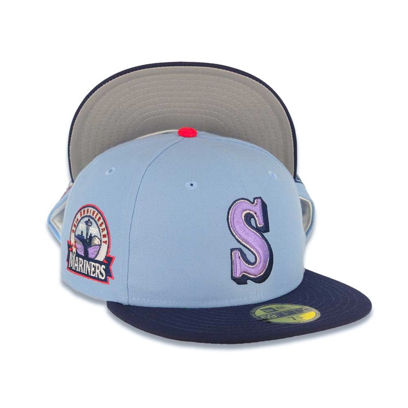 Seattle Mariners New Era MLB 59FIFTY 5950 Fitted Cap Hat Sky Blue Crown Light Navy Visor Lilght Purple/White Logo 30th Anniversary Side Patch Gray UV