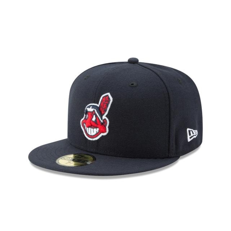 (Youth) Cleveland Indians New Era MLB 59Fifty 5950 Fitted Kid Cap Hat Navy Crown/Visor Team Color Chief Wahoo Logo