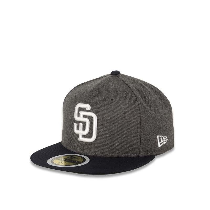 (Youth) San Diego Padres New Era MLB 59FIFTY 5950 Kid Fitted Cap Hat Heather Dark Gray Crown Dark Navy Blue Visor White Logo