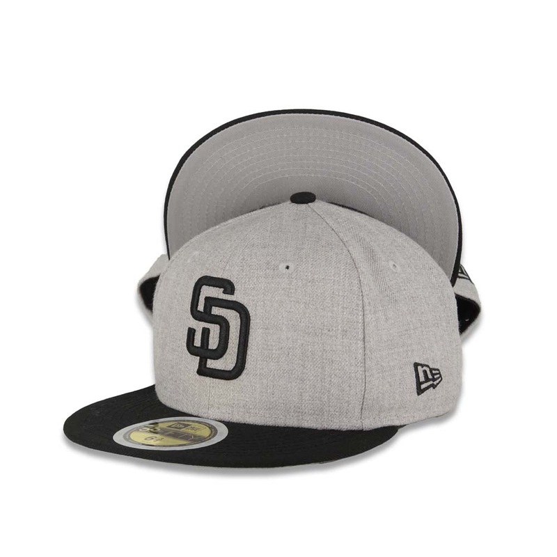 (Youth) San Diego Padres New Era MLB 59FIFTY 5950 Kid Fitted Cap Hat Heather Gray Crown Black Visor Black Logo