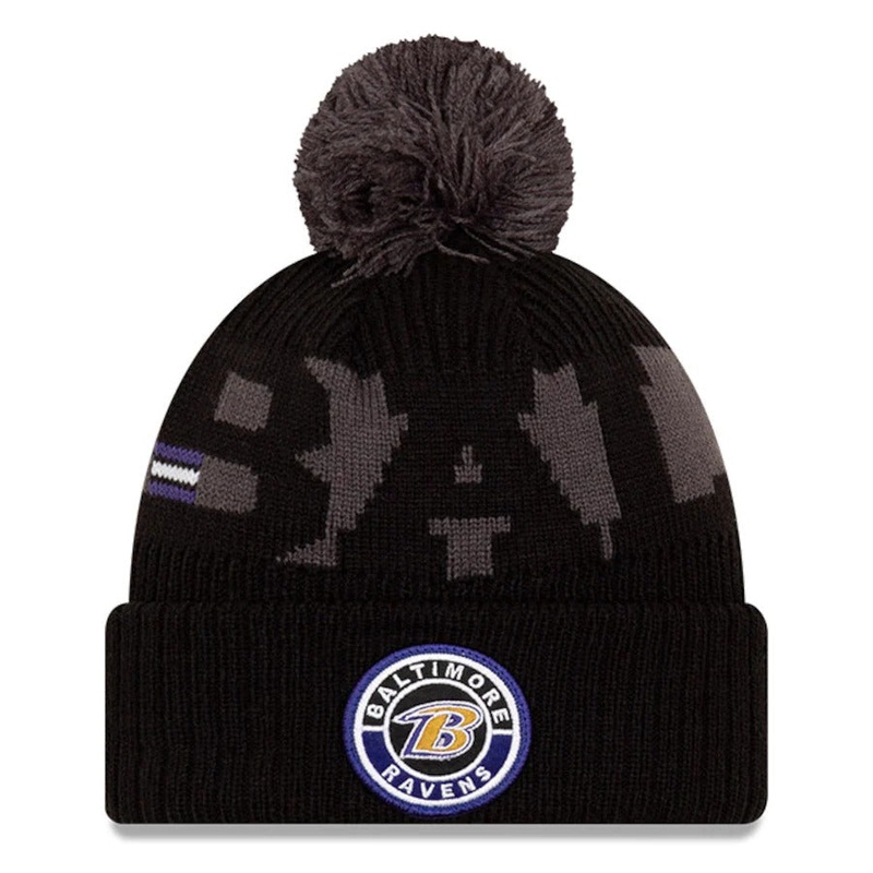 Baltimore Ravens New Era NFL Cuffed Pom Knit Beanie Hat Black/Gray/Purple Crown/Visor Team Color Logo (2020 Sideline)