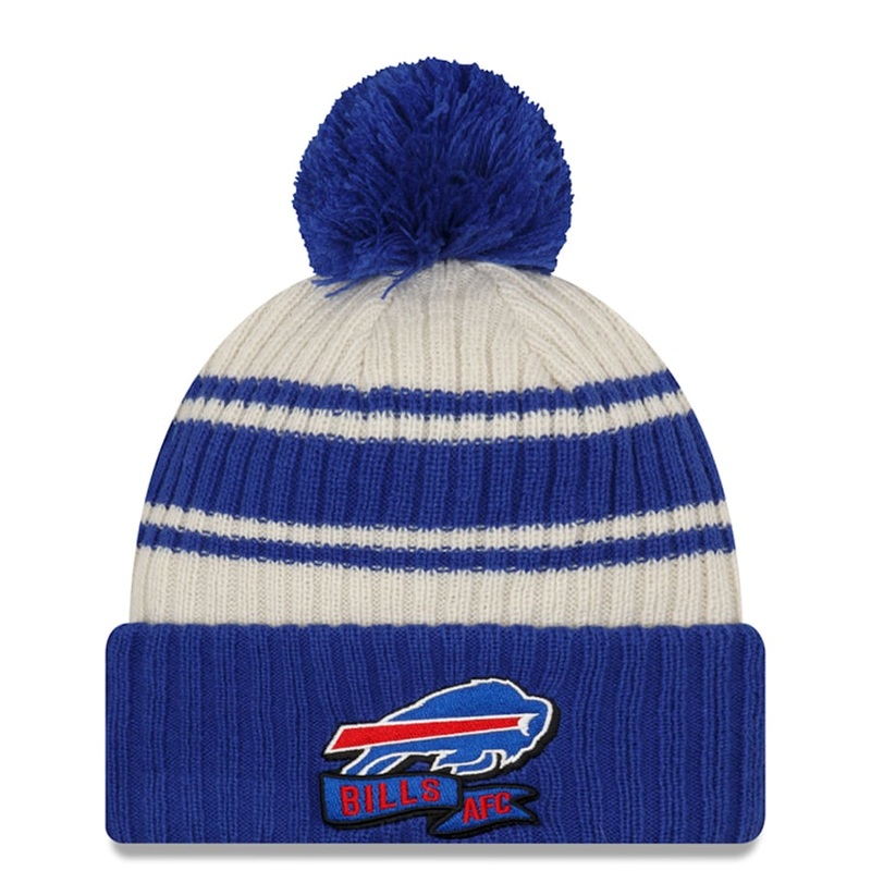 Buffalo Bills New Era NFL Cuffed Pom Knit Beanie Hat Cream/Royal Blue Crown/Visor Team Color Logo (2022 Sideline)