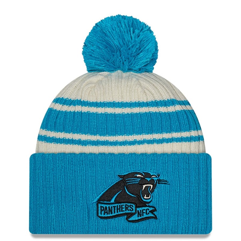 Carolina Panthers New Era NFL Cuffed Pom Knit Beanie Hat Cream/Sky Blue Crown/Visor Team Color Logo (2022 Sideline)