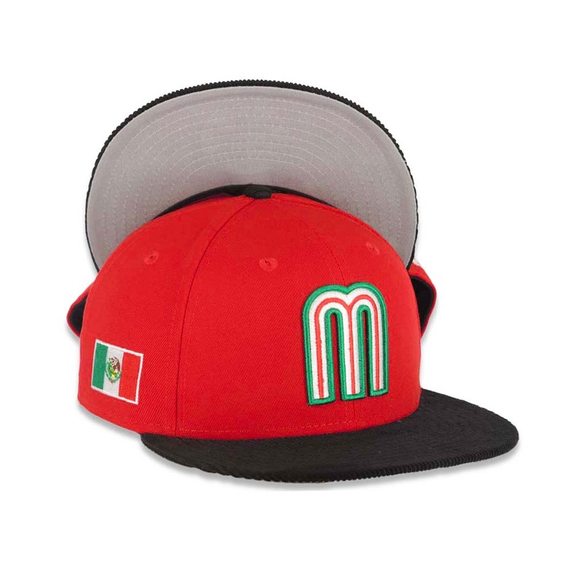 (Corduroy Visor) Mexico New Era 59FIFTY 5950 Fitted Cap Hat Red Crown Black Visor Team Color Logo Mexico Flag Side Patch Gray UV