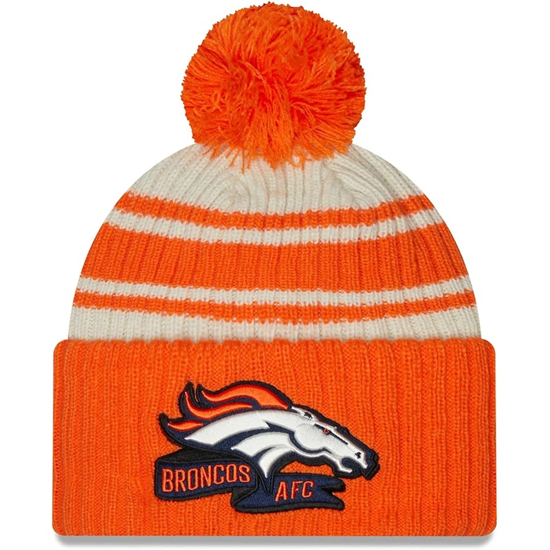 Denver Broncos New Era NFL Cuffed Pom Knit Beanie Hat Cream/Orange Crown/Visor Team Color Logo (2022 Sideline)