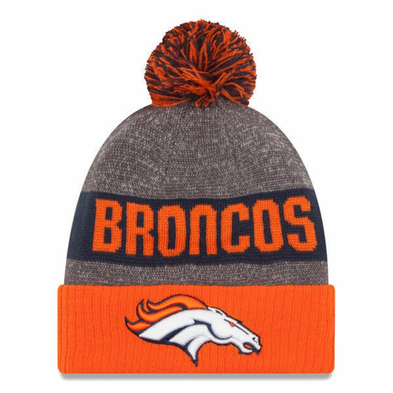 Denver Broncos New Era NFL Cuffed Pom Knit Beanie Hat Orange/Navy/Gray Crown/Visor Team Color Logo (2016 Sideline)