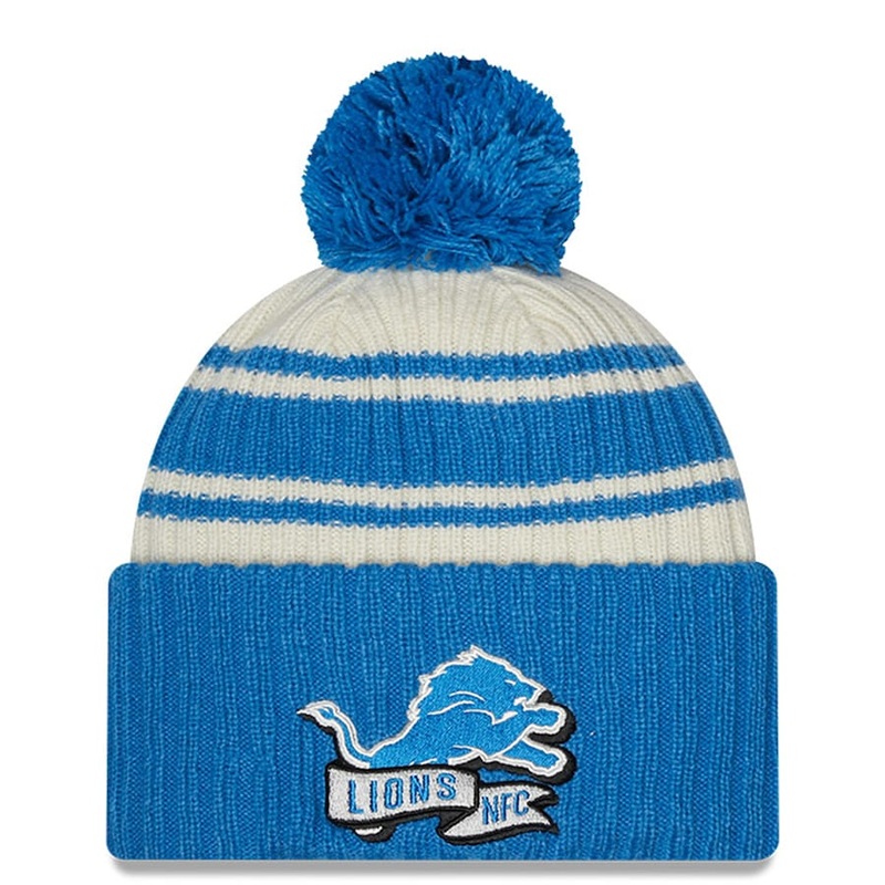 Detroit Lions New Era NFL Cuffed Pom Knit Beanie Hat Cream/Sky Blue Crown/Visor Team Color Logo (2022 Sideline)