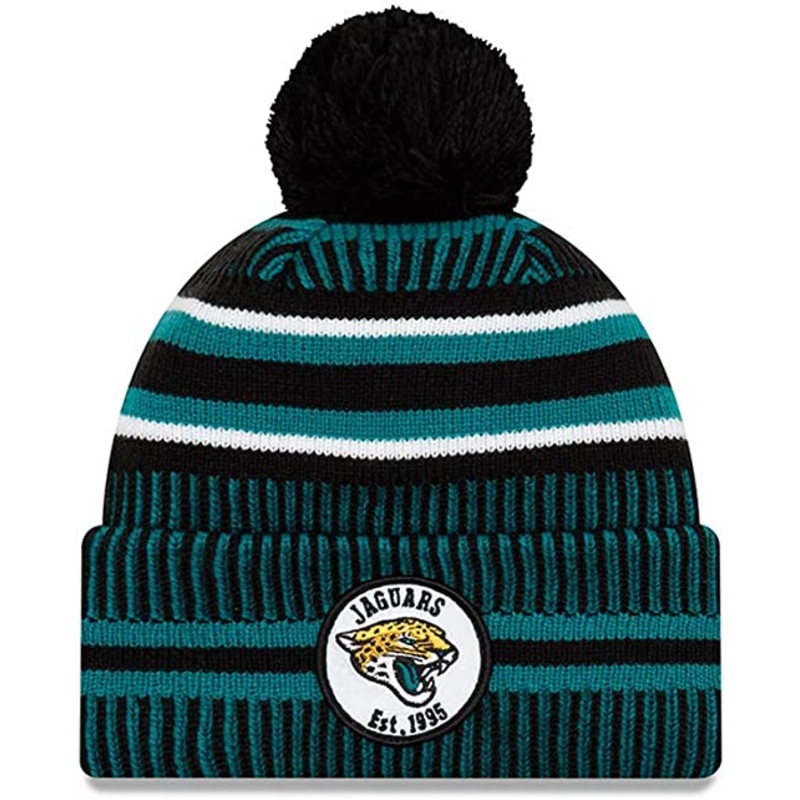 Jacksonville Jaguars New Era NFL Cuffed Pom Knit Beanie Hat Teal/Black Crown/Visor Team Color Logo (2019 Sideline)