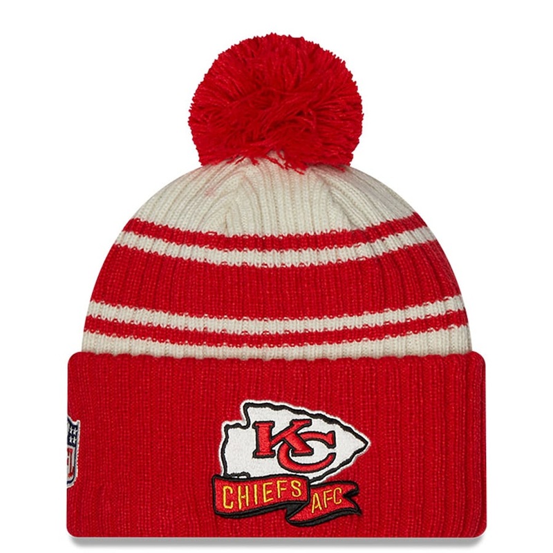Kansas City Chiefs New Era NFL Cuffed Pom Knit Beanie Hat Cream/Red Crown/Visor Team Color Logo (2022 Sideline)