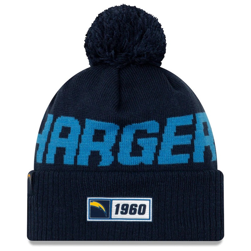 Los Angeles Chargers New Era NFL Road Cuffed Pom Knit Beanie Hat Navy Blue/Sky Blue Crown/Visor Team Color Logo (2019 Sideline)