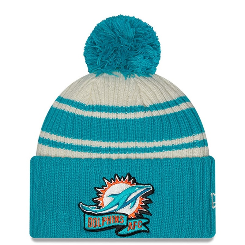 Miami Dolphins New Era NFL Cuffed Pom Knit Beanie Hat Cream/Aqua Crown/Visor Team Color Logo (2022 Sideline)