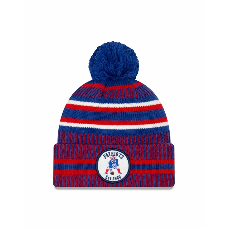 New England Patriots New Era NFL Cuffed Pom Knit Beanie Hat Blue/Red Crown/Visor Team Color Logo (2019 Sideline)