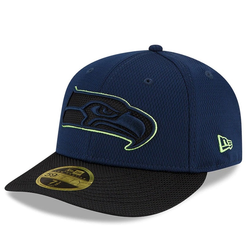 New Era Seattle Seahawks Navy/Black 2021 NFL Sideline Road Low Profile 59FIFTY Fitted Hat