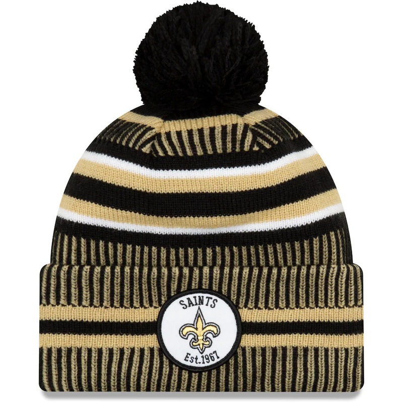 New Orleans Saints New Era NFL Cuffed Pom Knit Beanie Hat Tan/Black Crown/Visor Team Color Logo (2019 Sideline)
