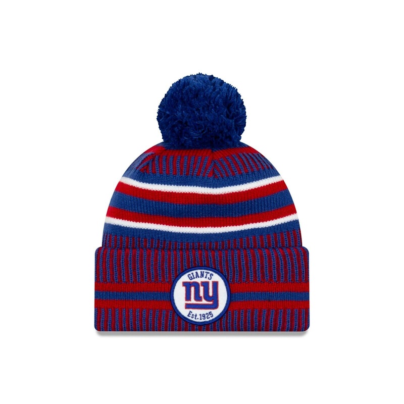 New York Giants New Era NFL Cuffed Pom Knit Beanie Hat Blue/Red Crown/Visor Team Color Logo (2019 Sideline)