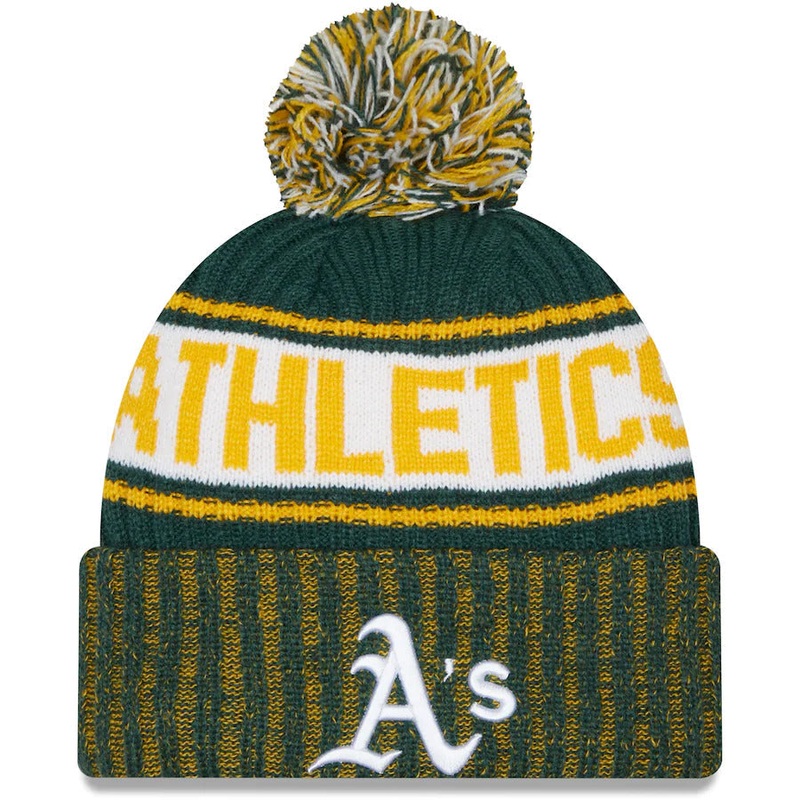 Oakland A’s Athletics New Era MLB Cuffed Pom Knit Beanie Hat Green/Yellow/White Crown/Visor White Logo (Knit Marl)