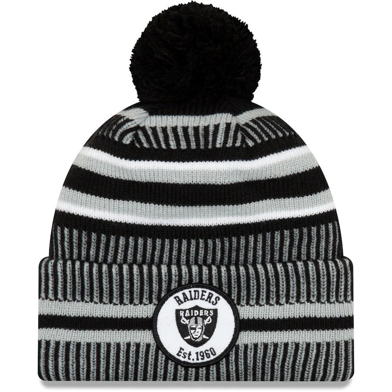 Oakland Raiders New Era NFL Cuffed Pom Knit Beanie Hat Black/Gray Crown/Visor Team Color Logo (2019 Sideline)