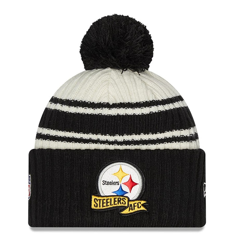 Pittsburgh Steelers New Era NFL Cuffed Pom Knit Beanie Hat Cream/Black Crown/Visor Team Color Logo (2022 Sideline)