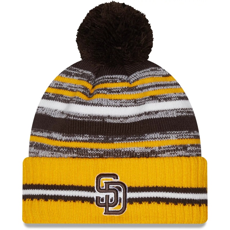 San Diego Padres New Era MLB Cuffed Pom Knit Beanie Hat Brown/White/Yellow Crown/Visor Team Color Logo (2021 Sideline)