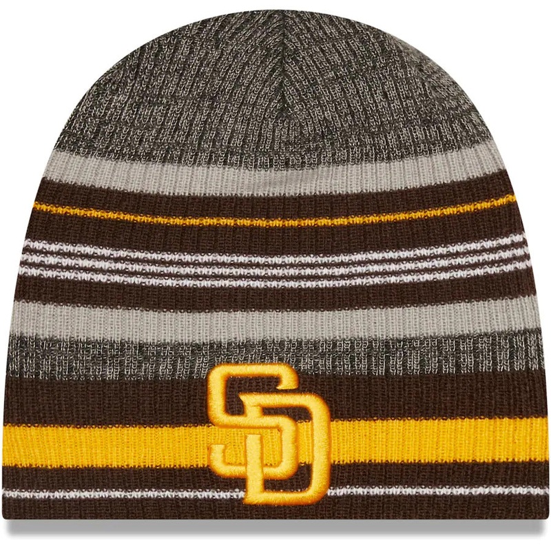San Diego Padres New Era MLB Uncuffed Skull Knit Beanie Hat Brown/Gray Crown/Visor Yellow Logo