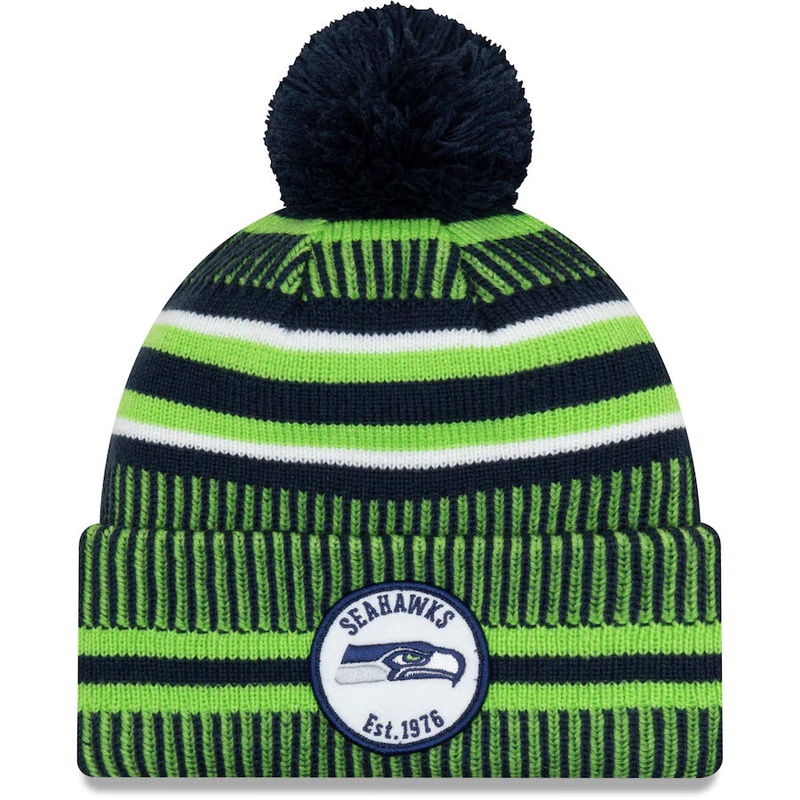 Seattle Seahawks New Era NFL Cuffed Pom Knit Beanie Hat Green/Navy Blue Crown/Visor Team Color Logo (2019 Sideline)