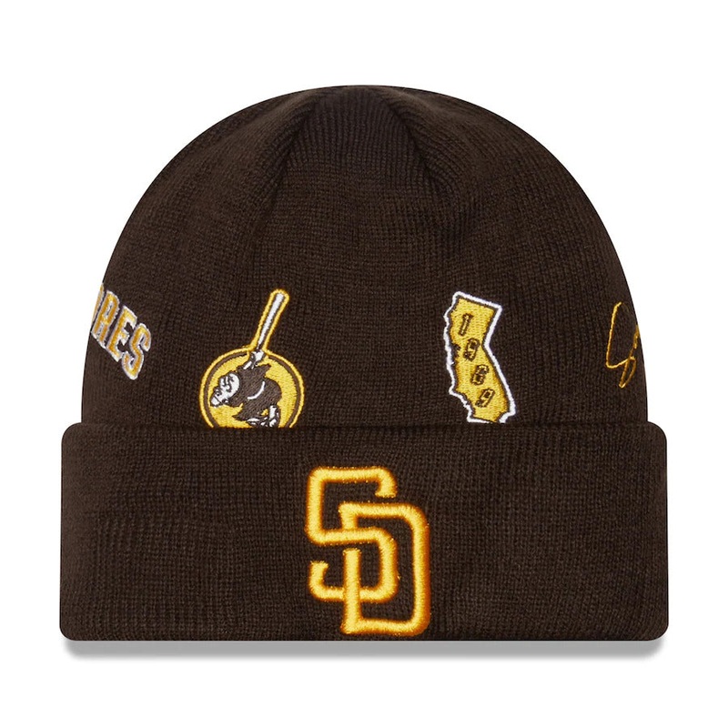 (Youth) San Diego Padres New Era MLB Cuffed Kid Knit Beanie Hat Brown Crown/Visor Gold Logo (Identity)