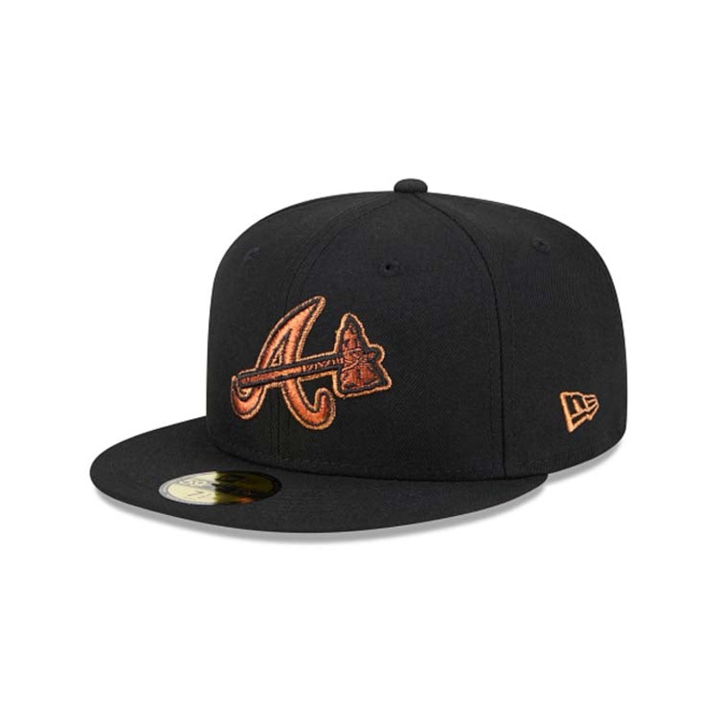 Atlanta Braves New Era MLB 59FIFTY 5950 Fitted Cap Hat Black Crown/Visor Metallic Brown/Orange Logo Orange UV (Metallic Pop)