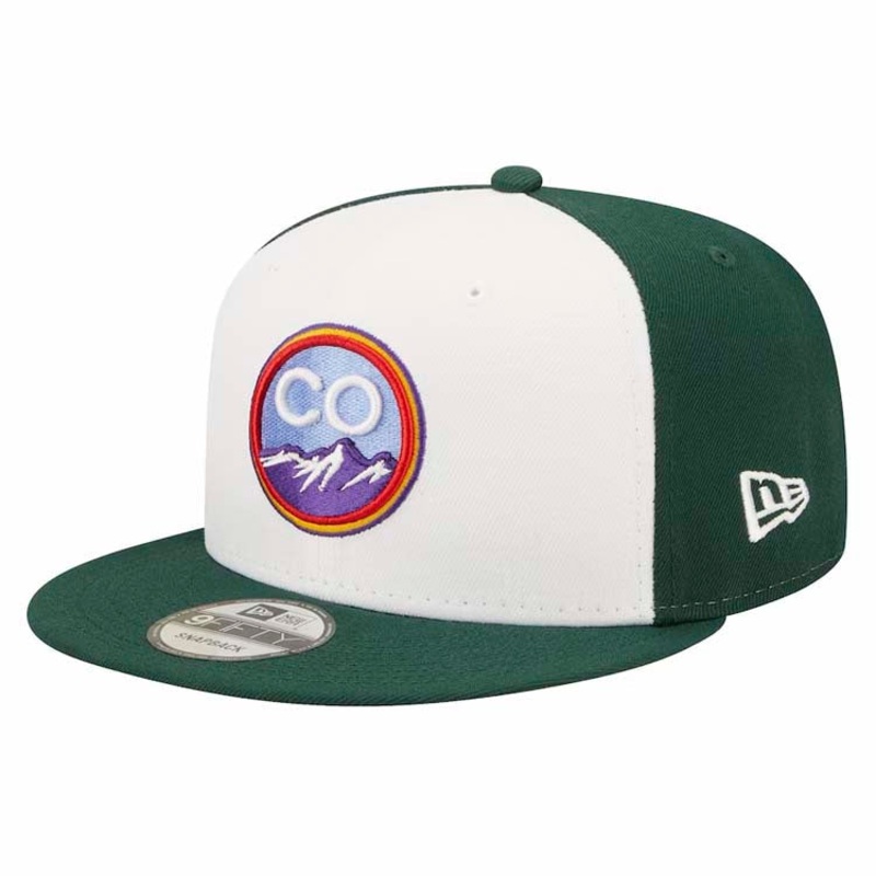 (City Connect) Colorado Rockies New Era MLB 9FIFTY 950 Snapback Cap Hat White/Dark Green Crown Dark Green Visor Purple/Sky Blue/Orange Logo