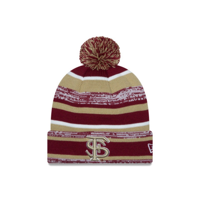 Florida State Seminoles New Era NCAA Cuffed Pom Knit Beanie Hat Cardinal/Tan Crown/Visor Team Color Logo (2014 Sideline)