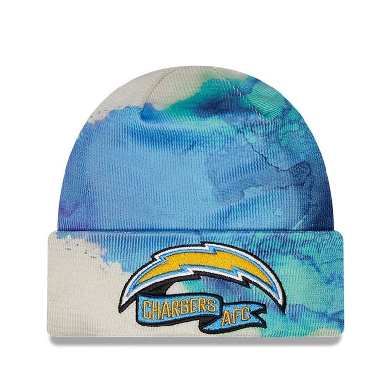 Los Angeles Chargers New Era NFL Cuffed Pom Knit Beanie Hat Sky Blue/White Ink Crown/Visor Team Color Logo (2022 Sideline)