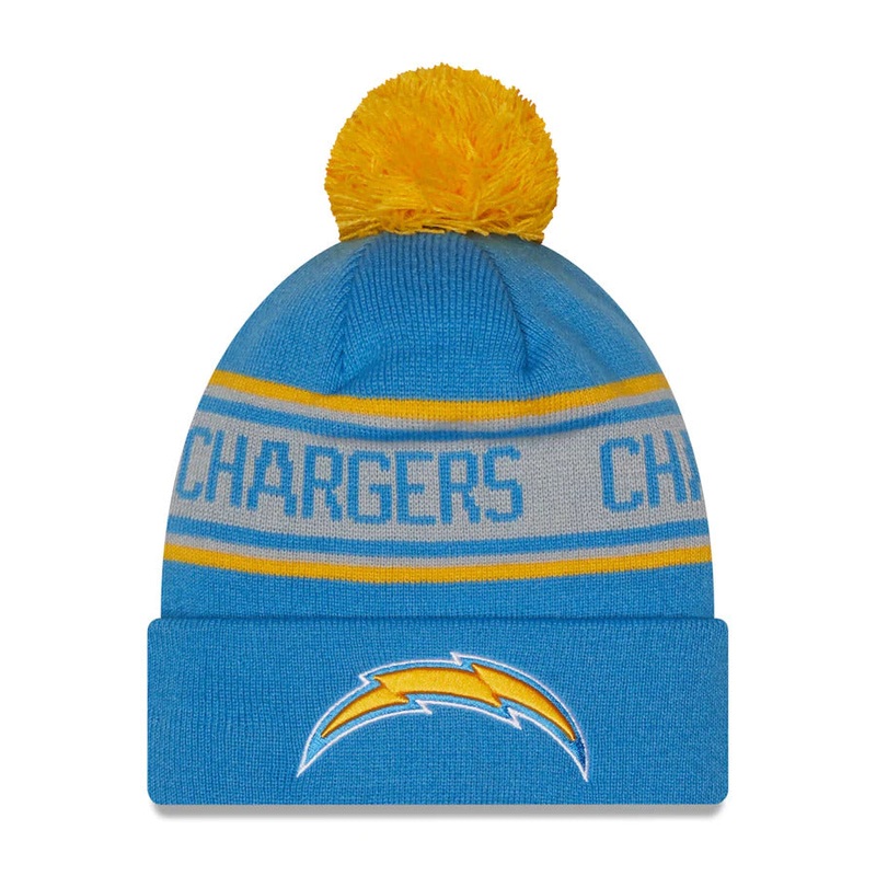 Los Angeles Chargers New Era NFL Cuffed Pom Knit Beanie Hat Sky Blue/White/Yellow Crown/Visor Team Color Logo (Repeat)