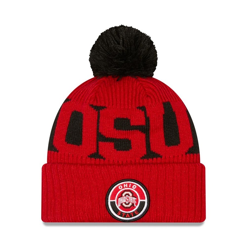 Ohio State Buckeyes New Era NCAA Cuffed Pom Knit Beanie Hat Black/Red Crown/Visor Team Color Logo (2020 Sideline)