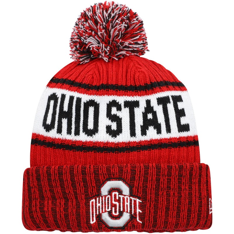 Ohio State Buckeyes New Era NCAA Cuffed Pom Knit Beanie Hat White/Red Crown/Visor Team Color Logo (Knit Marl)