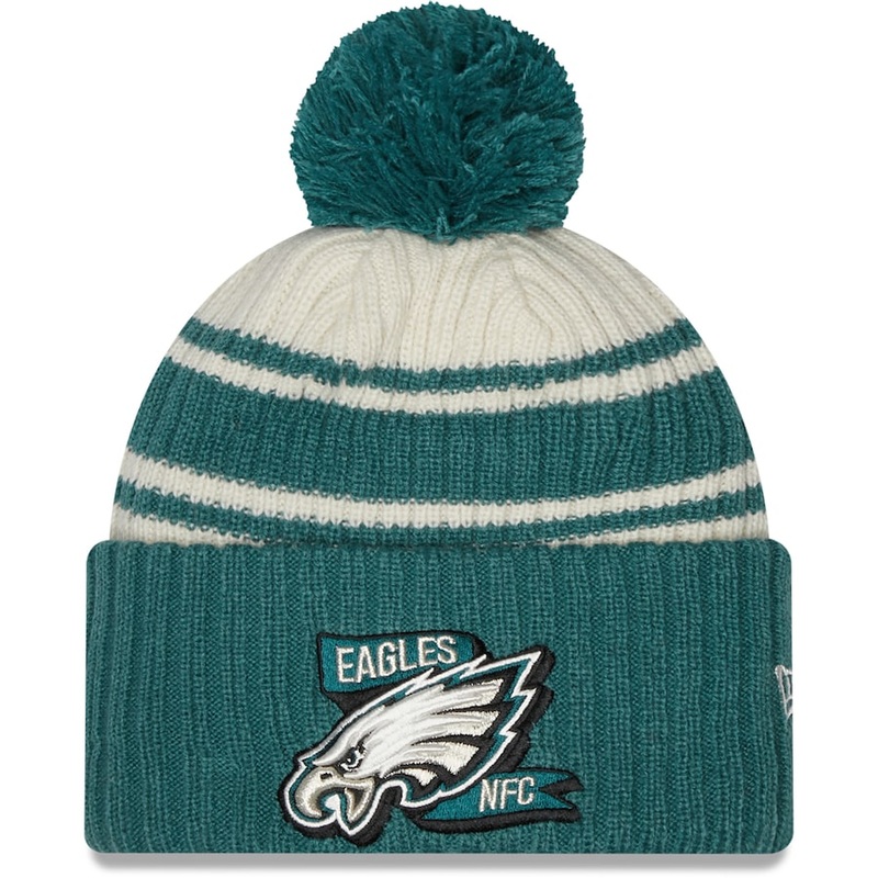 Philadelphia Eagles New Era NFL Cuffed Pom Knit Beanie Hat Cream/Green Crown/Visor Team Color Logo (2022 Sideline)