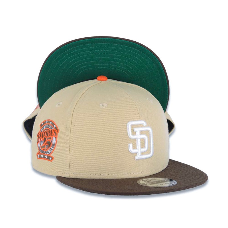San Diego Padres New Era MLB 9FIFTY 950 Snapback Cap Hat Vegas Gold Crown Brown Visor White Logo 25th Anniversary Side Patch Green UV