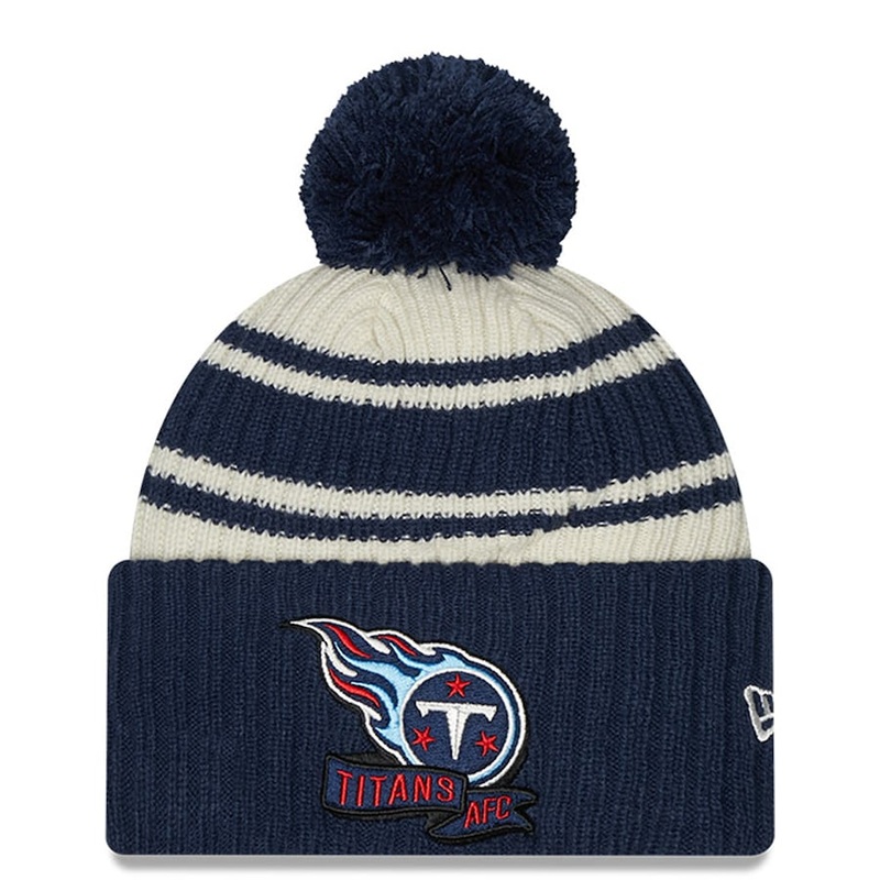 Tennessee Titans New Era NFL Cuffed Pom Knit Beanie Hat Cream/Navy Blue Crown/Visor Team Color Logo (2022 Sideline)