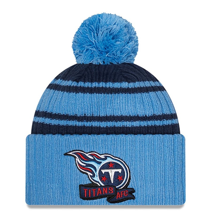 Tennessee Titans New Era NFL Cuffed Pom Knit Beanie Hat Navy Blue/Sky Blue Crown/Visor Team Color Logo (2022 Sideline)